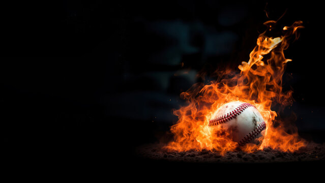 Photo of close up shot of a baseball on fire.