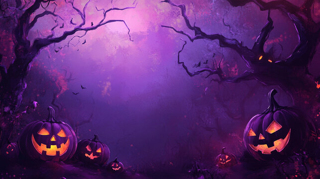 Purple Halloween background with pumpkins and tree. Abstract grunge wallpaper for holiday party