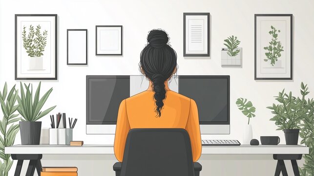 Woman Working Remotely in Minimalist Modern Home Office with Green Plants