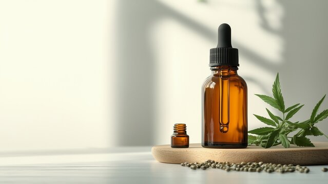 Tea colored bottle for droplet ,against a sleek white backdrop, advocating holistic wellness advantages