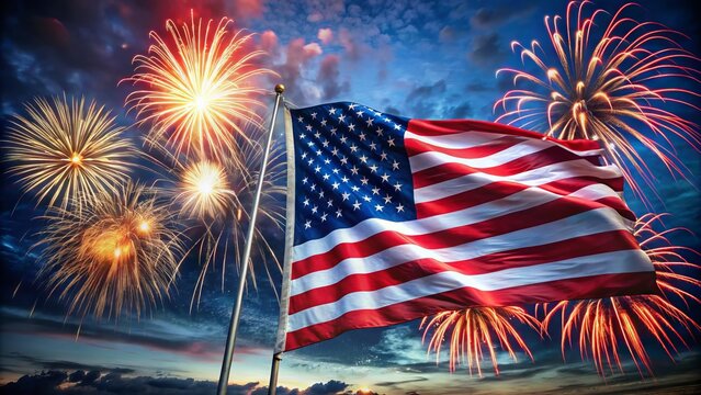 Vibrant red, white, and blue fireworks explosion on a dark night sky, overlooking a patriotic American flag waving