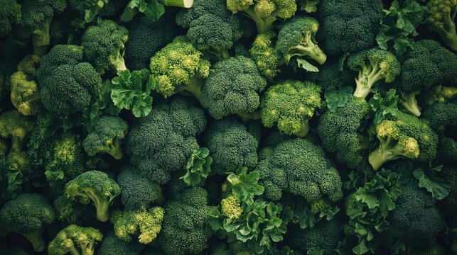 A high-angle shot of a large pile of fresh green broccoli, creating a vibrant broccoli background, perfect for healthy food or vegetable concepts