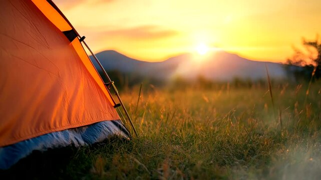 camping tent on meadow on sunset beautiful moment video animation background Seamless looping time-lapse 4k quality