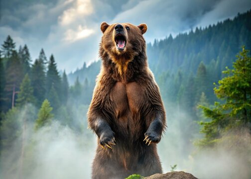 A massive grizzly bear stands upright on its hind legs, roaring loudly with open mouth, sharp teeth and claws, set against a misty mountainous forest backdrop.