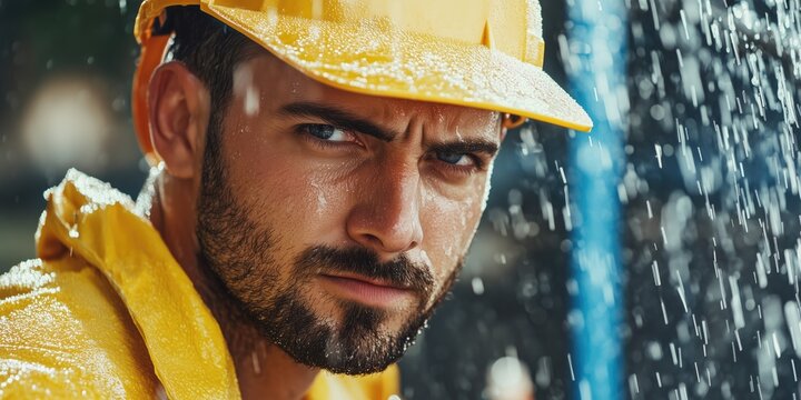 Serious man male plumber worker engineer wearing protective helmet standing under the rain professional at work close up photo