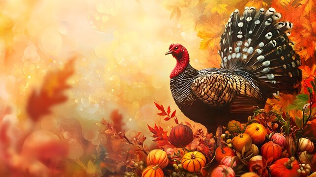 Thanksgiving turkey with a rich autumnal background, illustration