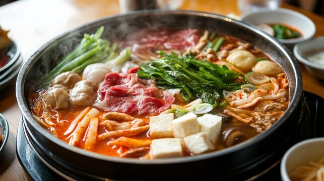 A beautifully presented Korean hot pot, with an assortment of meats, vegetables, and tofu simmering in a flavorful broth.