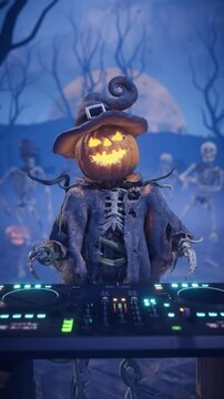 Halloween party. Scary pumpkin DJ Jack-o'-lantern at the mixing console, dancing spooky skeletons in the creepy forest. 3D animation for greeting cards, invitations, posters, holiday events, parties