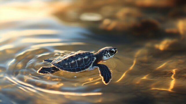 A baby sea turtle swimming for the first time, making its way through shallow water