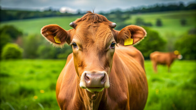 A close-up photo of a brown cow in a green pasture, cow, farm animal, livestock, grazing, agriculture, mammal, rural