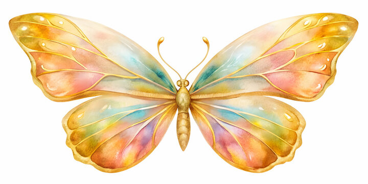 Gold butterfly watercolor pastel luxury clipart with brightly colored wings, butterfly, gold, watercolor, pastel, luxury