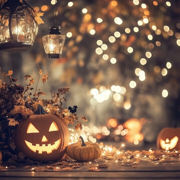 Wooden table with pumpkins, with halloween background