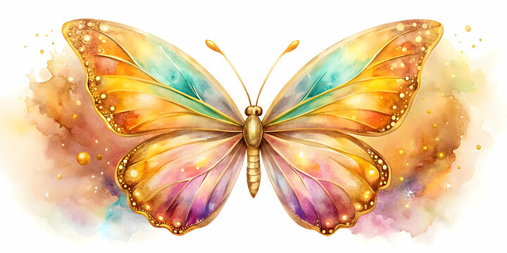 Watercolor pastel luxury clipart of a gold butterfly with brightly colored wings on a background, gold