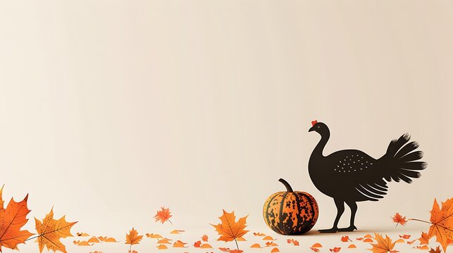 A minimalist Thanksgiving table design showing just a turkey silhouette with a small pumpkin and leaves gently scattered beneath it, on a muted pastel background 