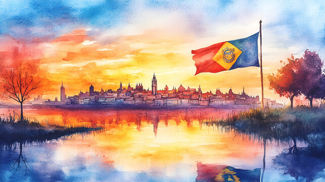 
Watercolor illustration for portugal day with the national flag of portugal and city silhouette. 