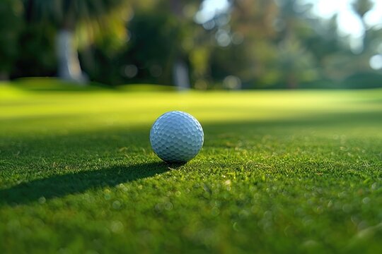 A single golf ball sits atop a vibrant green field, perfect for a serene golfing scene or nature photography