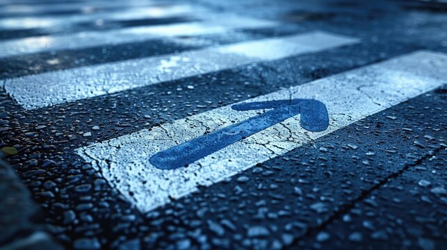 A blue arrow painted on a crosswalk surface, indicating direction and guidance