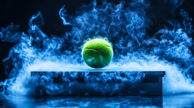 A vibrant green tennis ball sits above a misty surface, surrounded by swirling blue smoke and an atmospheric glow.