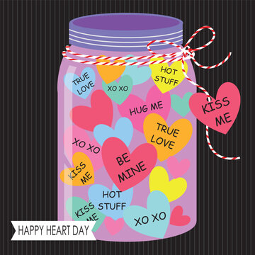 Happy valentine's day card with colorful hearts in the jar