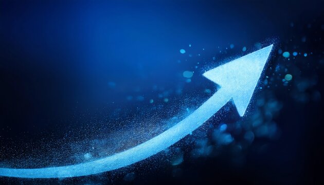 A glowing blue arrow moves upward, symbolizing progress and innovation against a dark, sparkling backdrop.