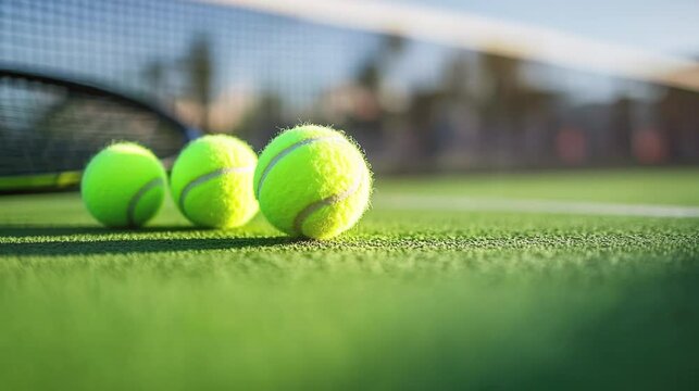 Tennis balls and racket in tennis field video footage for sport advertisement, campaign.