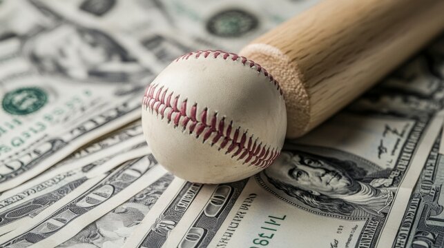 A wooden baseball bat rests next to a baseball, both placed on a pile of US dollar bills, symbolizing sports, money, and the financial aspects of athletics.