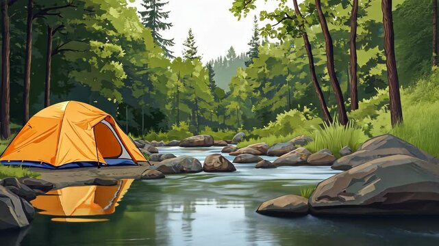 A yellow tent sits by a clear river in a green forest