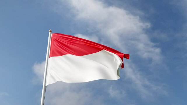 Flag of Indonesia on a blue sky, flag on a flag pole waving in the wind, asian country, national symbol of Indonesia, video of a flag