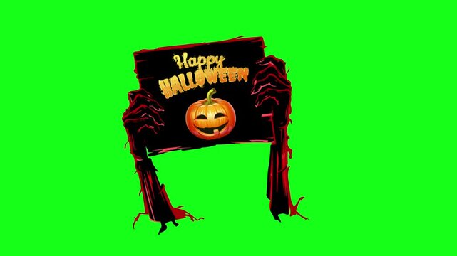 Happy Halloween animated text greeting card with zombie hand, Jack O Lantern pumpkin , vector animation on green screen