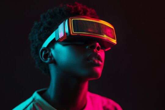 close-up photo of african american boy wearing VR glasses with neon lights on black background 