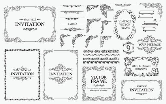 Design elements set, decorative flourish border corner and frame collection for invitation, menu and page decoration