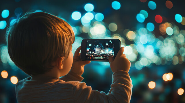 Little boy child filming pictures of beautiful fireworks in night sky display of mobile phone. Hands of baby taking video photo of firework on smartphone. Celebration happy holiday