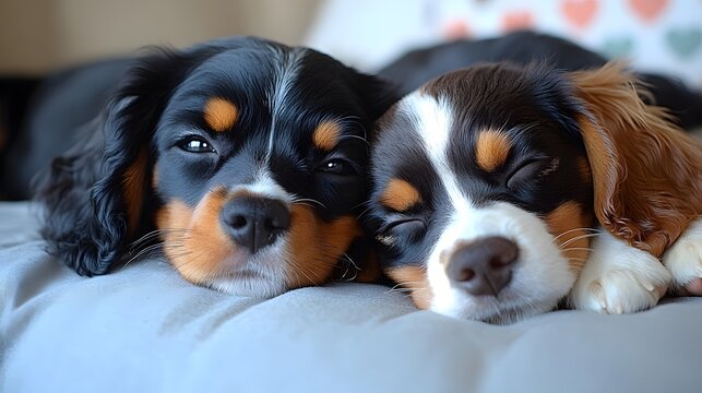 Pair of puppies snuggled together on a heart-shaped pillow, cozy Valentine scene