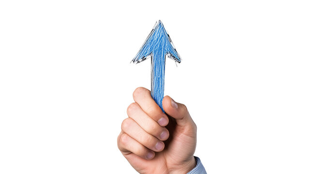 Hand with blue arrow pointing up, transparent background