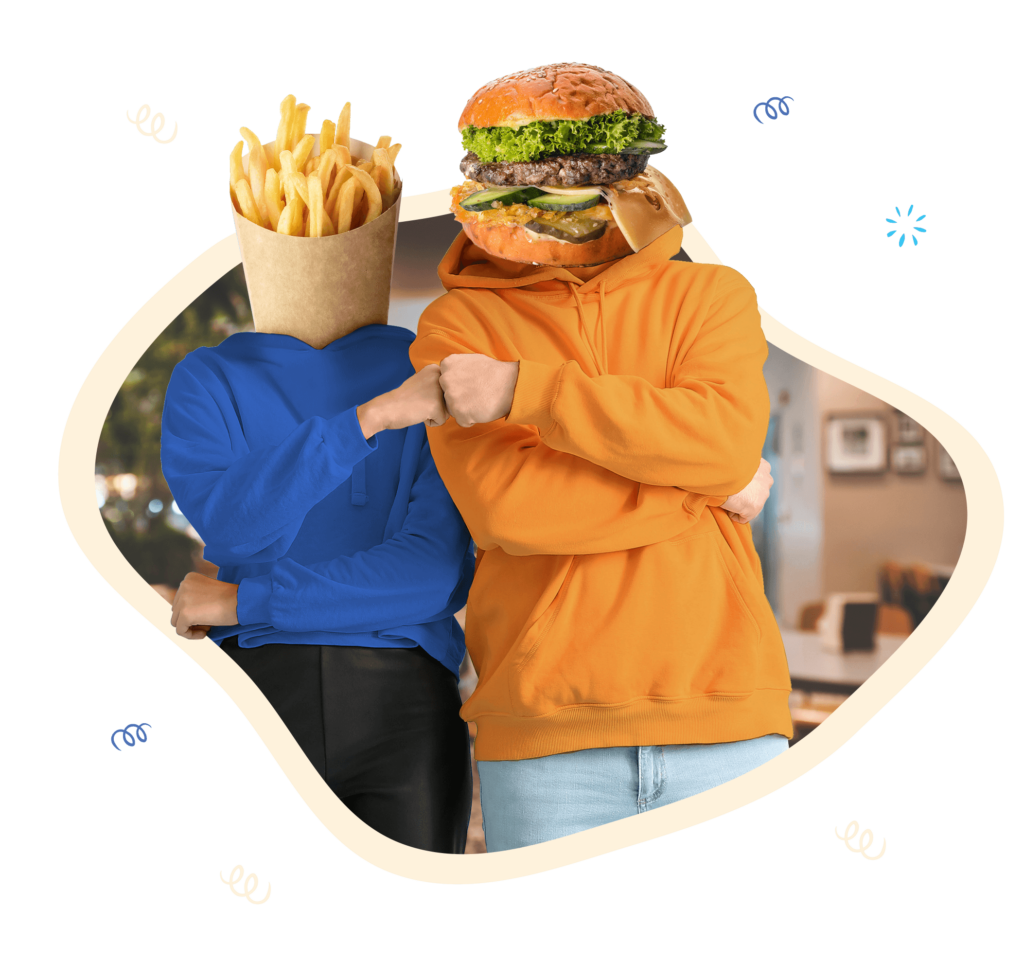 Schedule a free demo with one of our restaurant experts. A person with a hamburger head fist bumps a person with a french fry head