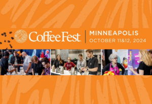 orange graphic that says CoffeeFest and people attending the trade show