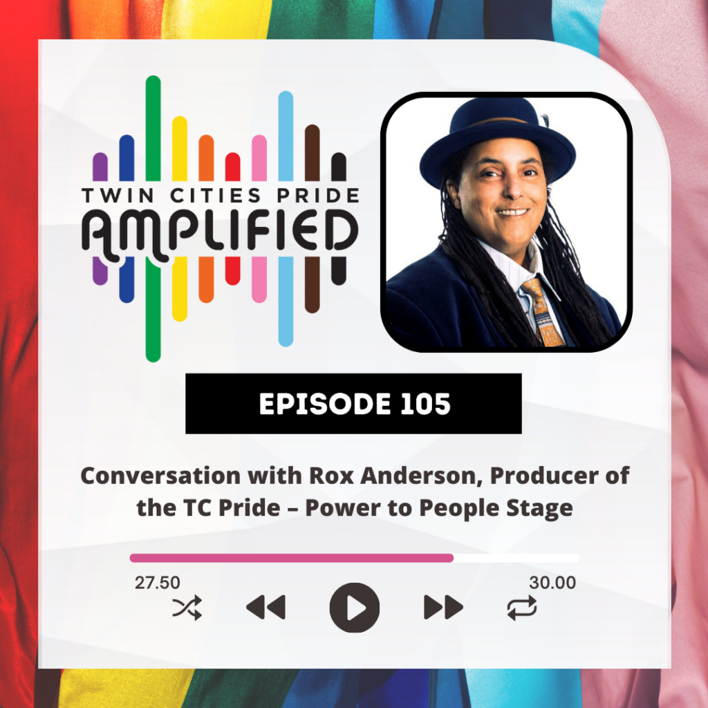 Pride flag background with the Twin Cities Pride Amplified logo, photo of Rox Anderson, "Episode 105