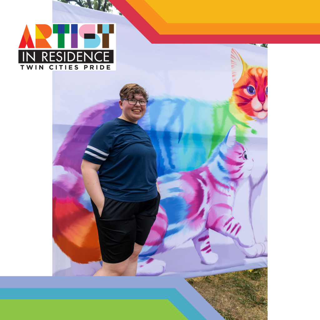 Picture of artist Sebastian Rothe with the artist in residence badge in front of photo