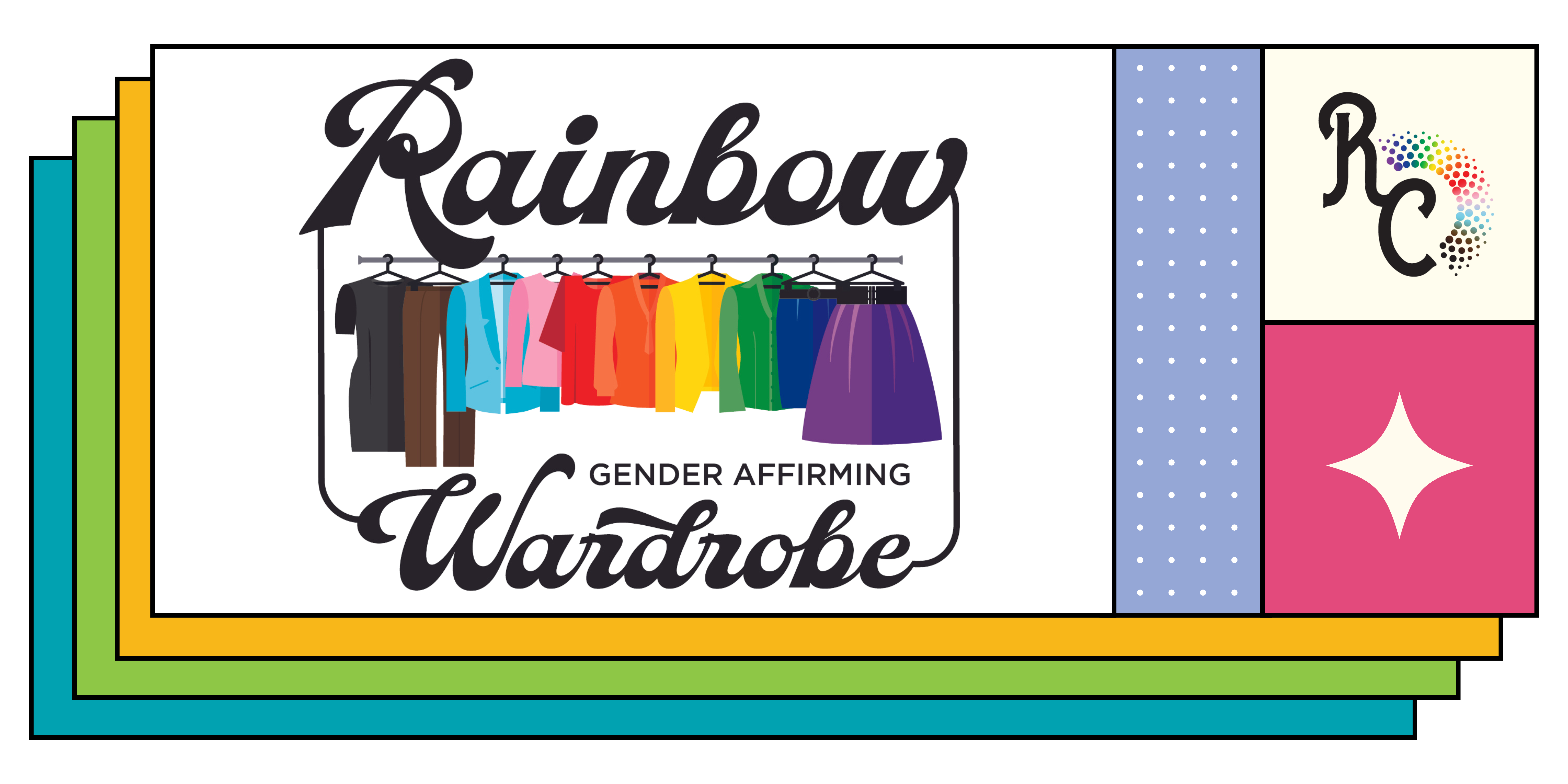 Colorful blocks gradually laying on top of each other that has a white block on top that says Rainbow Wardrobe with a graphic of a clothing rack