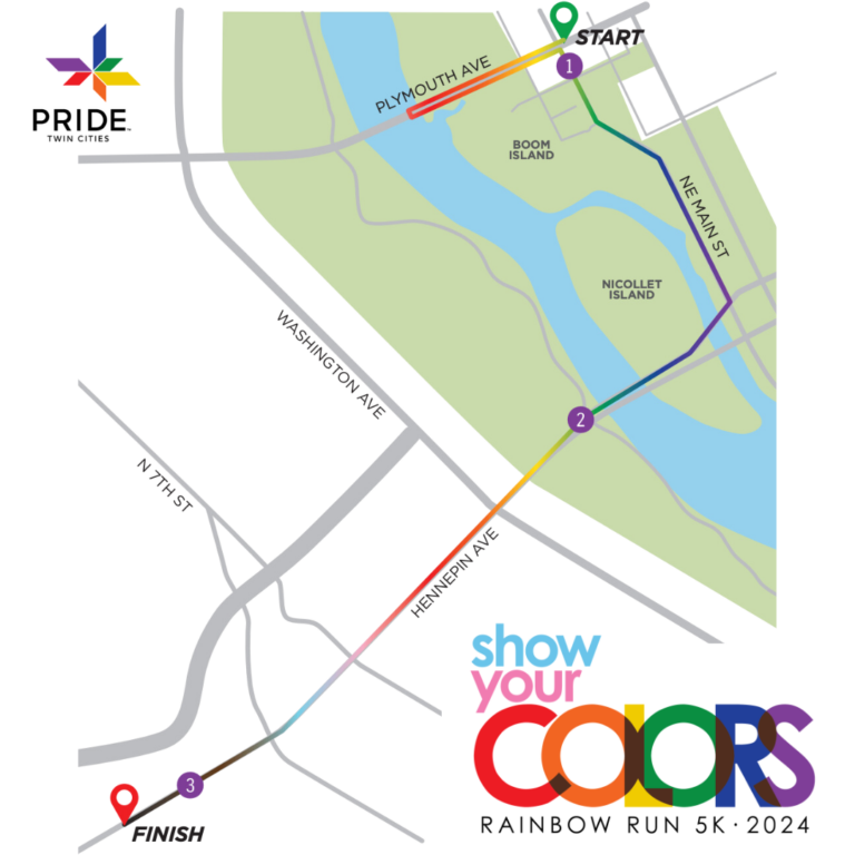 map of 5k race route starting at boom island and ending on hennpein ave