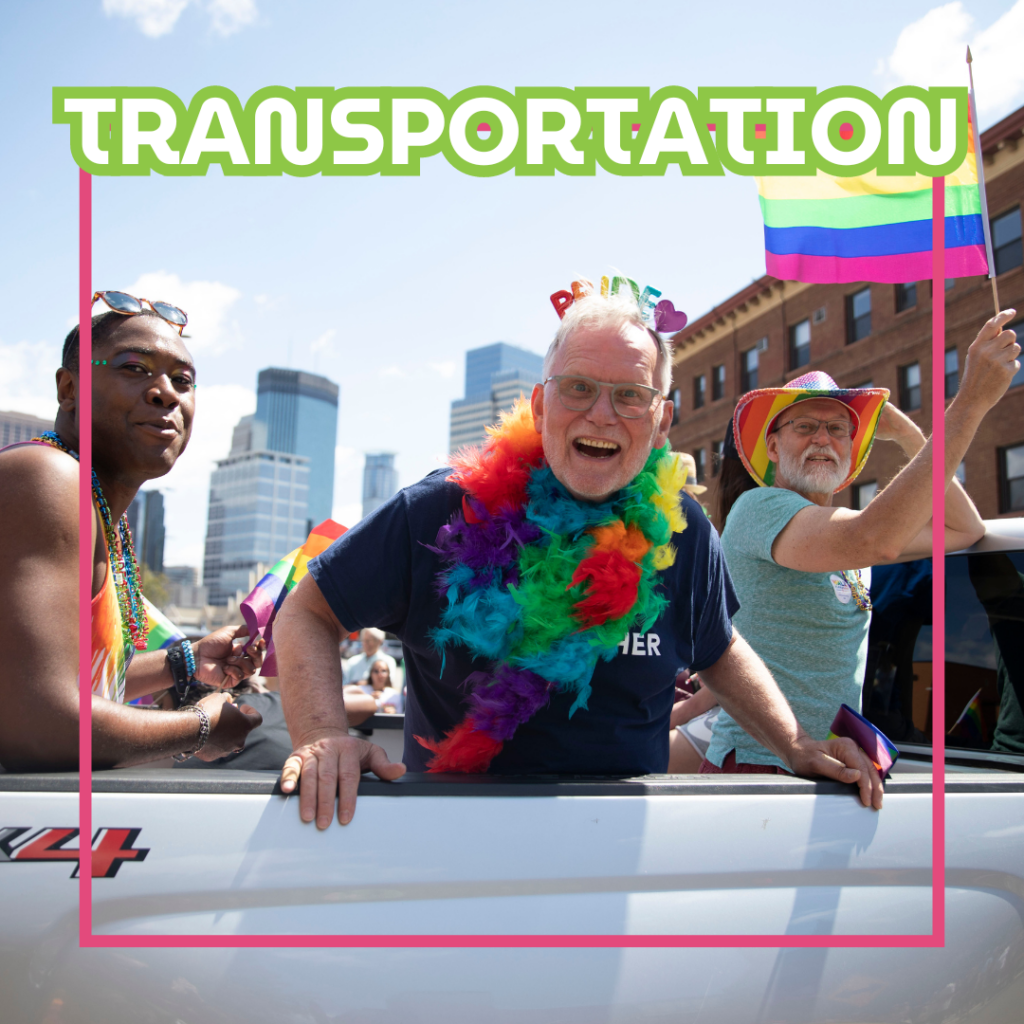 photo of three men in the back of a pickup truck along the parade route that says transportation