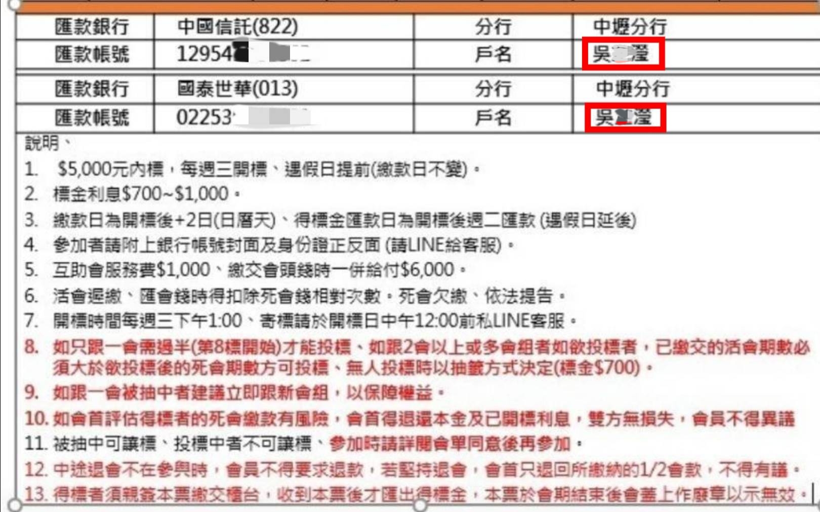 會員繳納的會款被要求統一繳入公司吳姓女會計私人帳戶，且每組會公司抽取新台幣1200元的服務費。（專案小組翻攝）