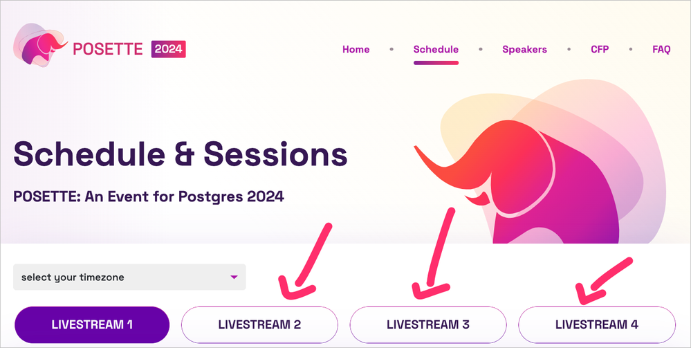 Figure 1: Screenshot of the Schedule page for POSETTE: An Event for Postgres 2024, with arrows pointing to the different tabs for each livestream.