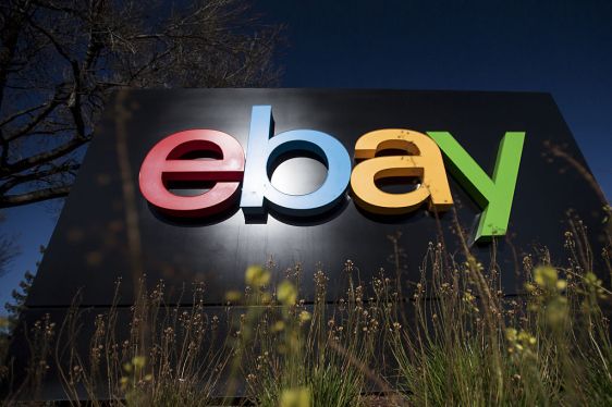 eBay Inc. signage is displayed at the entrance to the company's headquarters in San Jose, California,