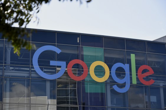 Google Inc. signage is displayed on an office building inside the Googleplex headquarters in Mountain View, California