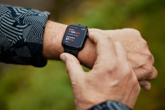 An Apple Watch displaying a heart rate measurement.