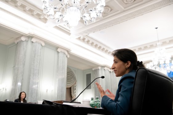 Lina Khan, nominee for Commissioner of the Federal Trade Commission (FTC), speaks at a Senate Committee on Commerce, Science, and Transportation confirmation hearing on Capitol Hill on April 21, 2021 in Washington, DC.