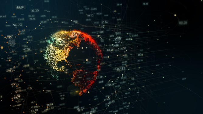 Image of a globe in yellow, red, and green surrounded by numbers to represent global regulation of cryptocurrencies.