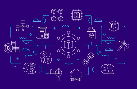 Interconnected line drawings representing blockchain and cryptocurrency and startups .