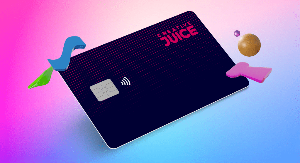 A mockup image of a credit card that says Juice atop a gradient pink and blue background